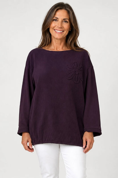 Cotton Embroidered Floral Tied Hem Flerissa Top - Grape