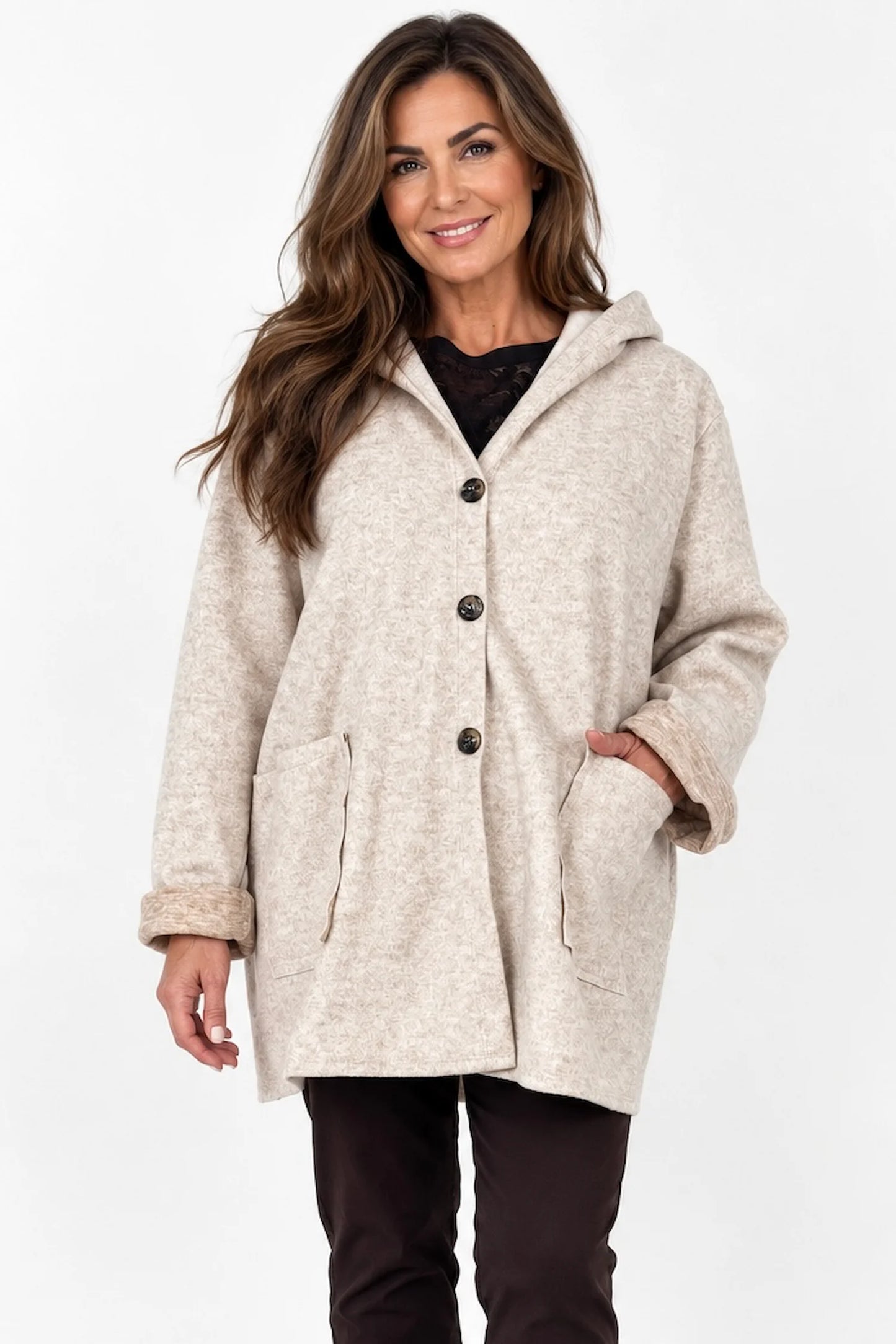 Wool Mix Brushed Double Patch Pocket Italia Button Hooded Coat - Fleck Beige