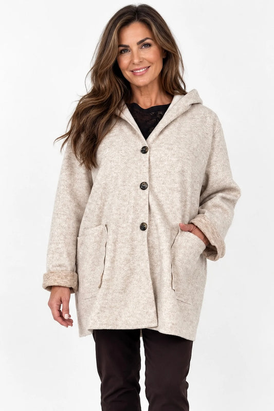 Wool Mix Brushed Double Patch Pocket Italia Button Hooded Coat - Fleck Beige