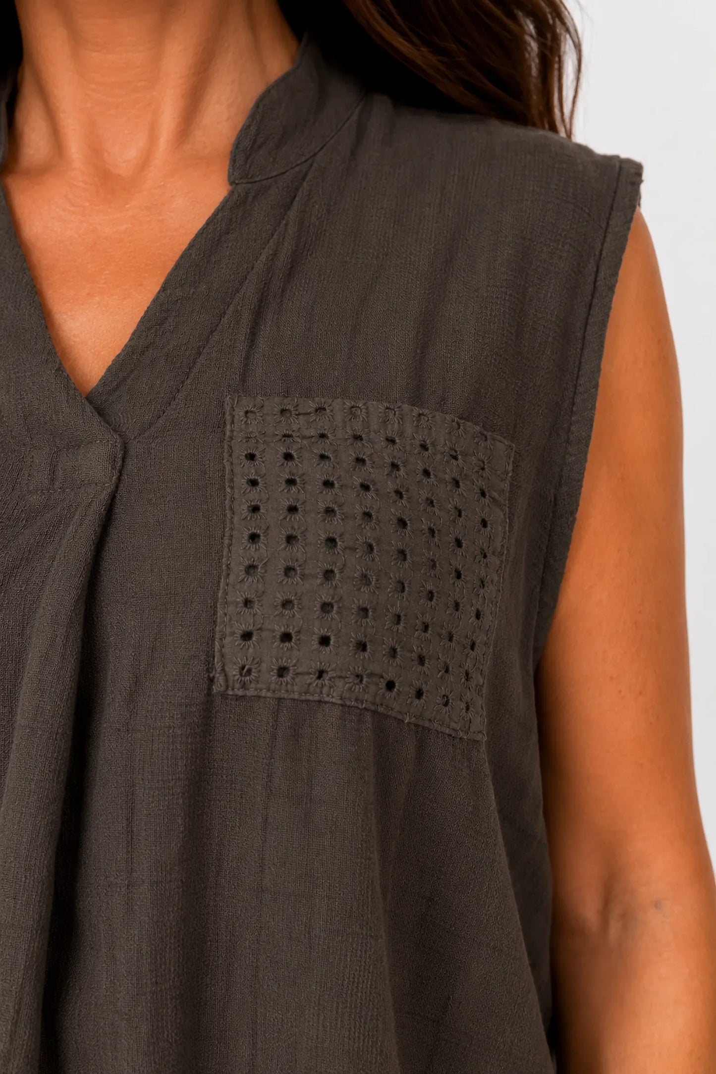 Pure Cotton Mesh Detail Rosetta Pocket Cap Sleeve Top - Chocolate