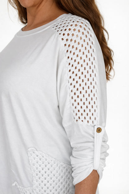 Cotton Crochet Detail Charmaine Button Sleeve Top - White