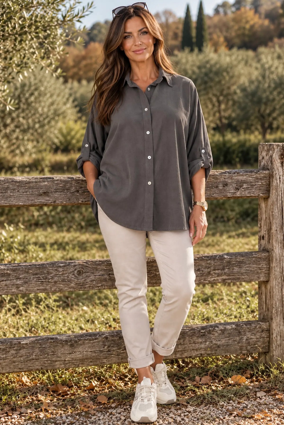 Pure Cotton Needlecord Button Sleeve Milan Button Shirt - Mocha