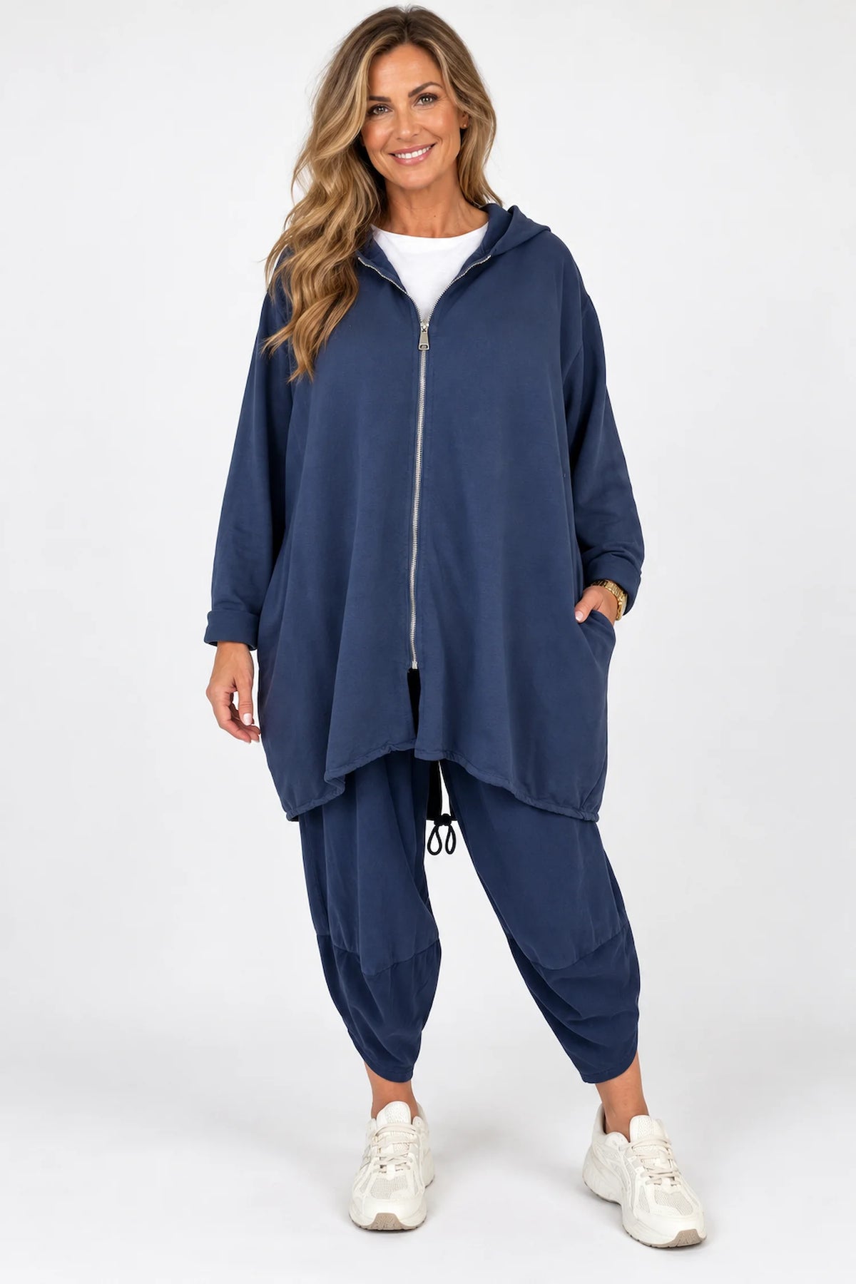 Cotton Double Pocket Kasi Zipped Hooded Jacket - Navy