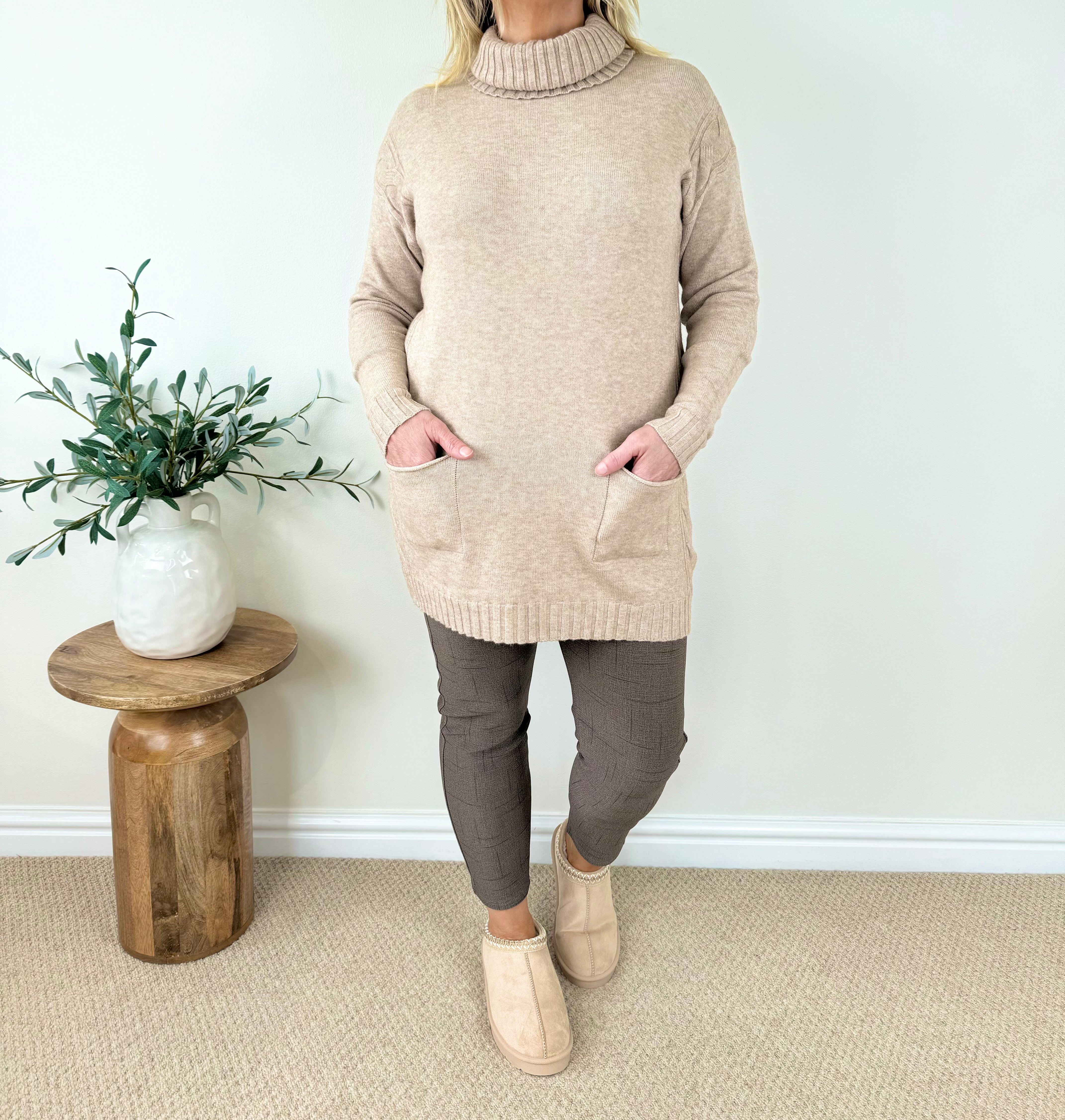 Cosy Knit Double Pocket Roll Neck Jumper