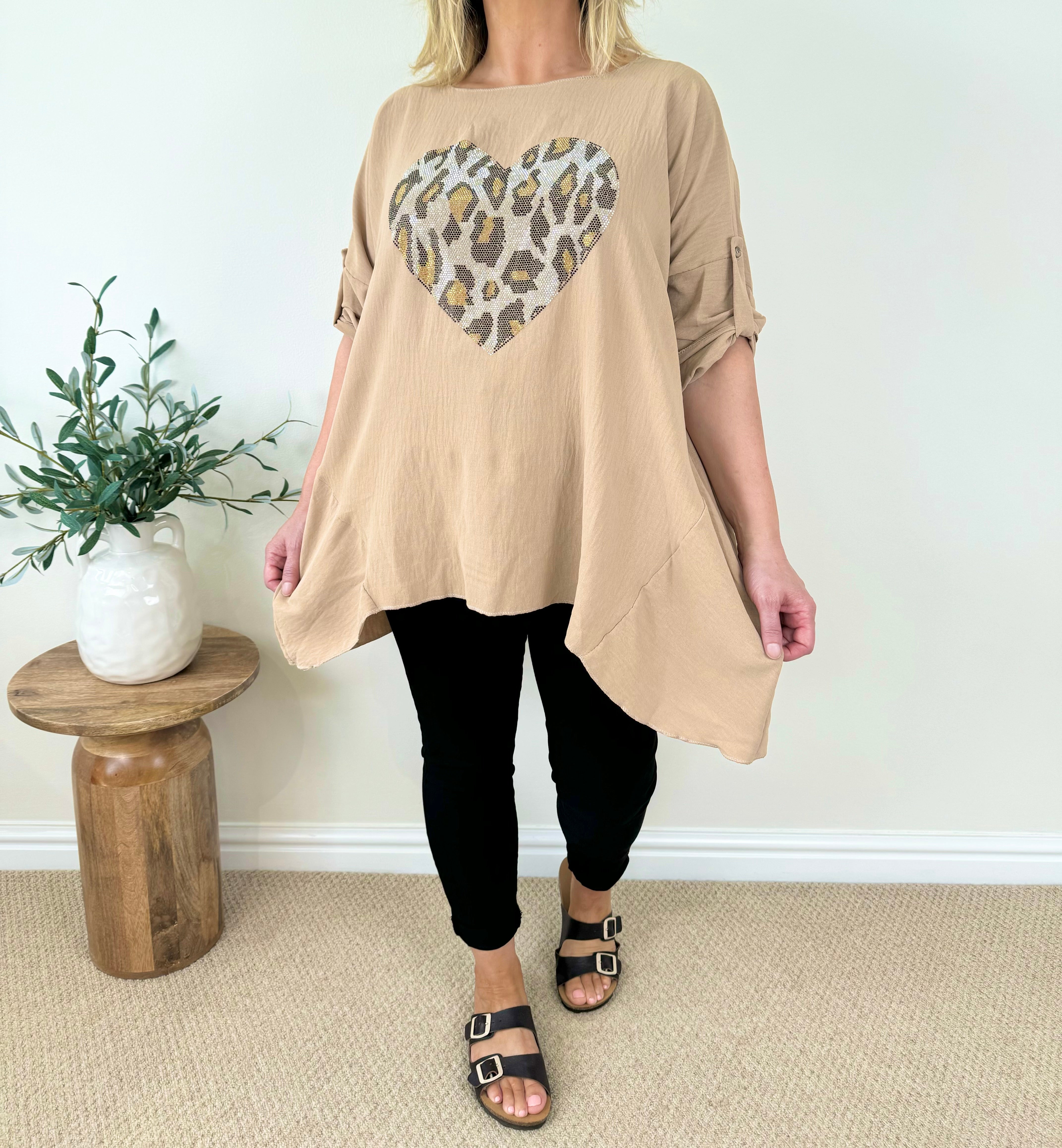 Diamanté Sparkle Animal Heart Button Sleeve Top SS24