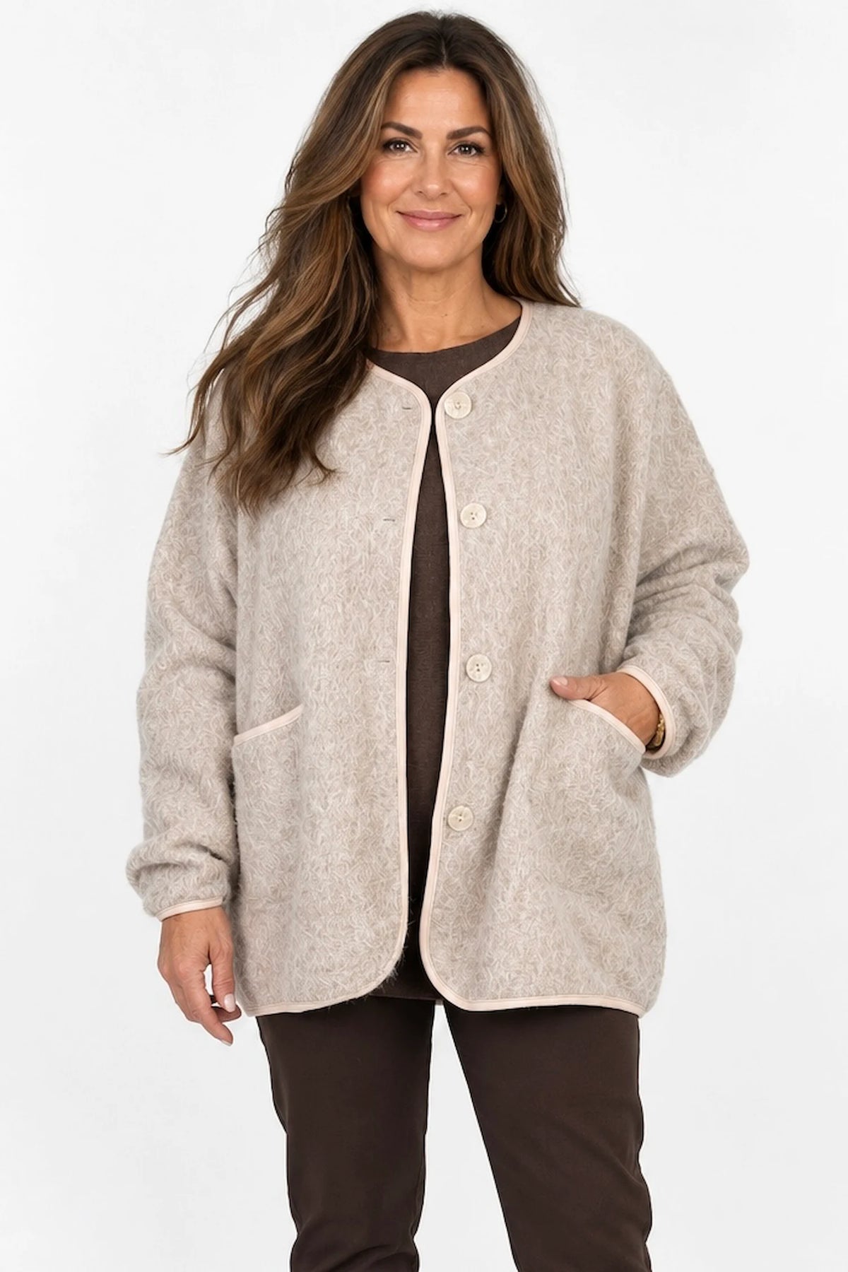 Soft Brushed Textured Double Pocket Contrast Trim Paris Button Jacket - Soft Truffle