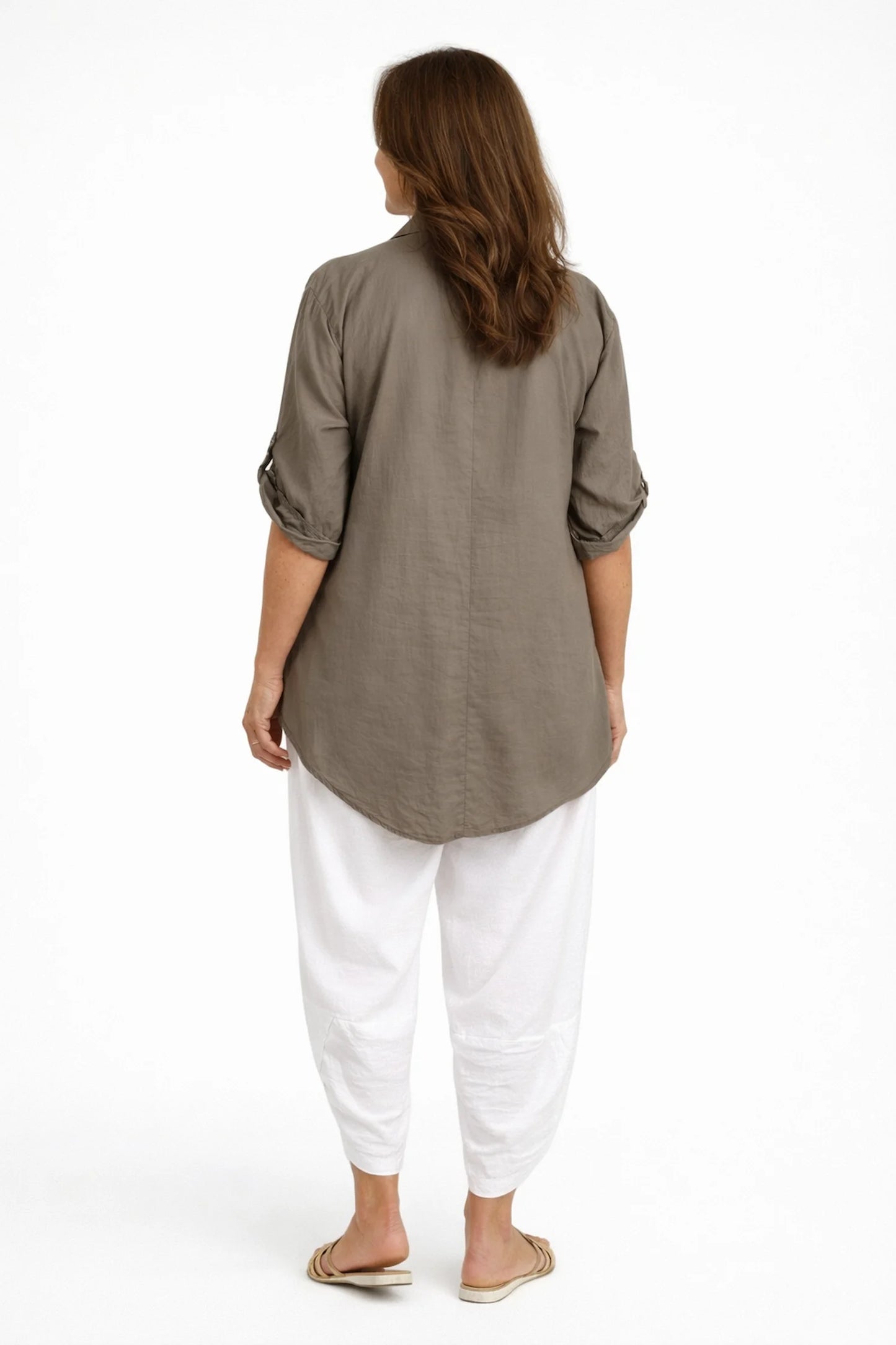 Cotton Embroidered Sequin Floral Button Sleeve Bella Lune Shirt - Mocha