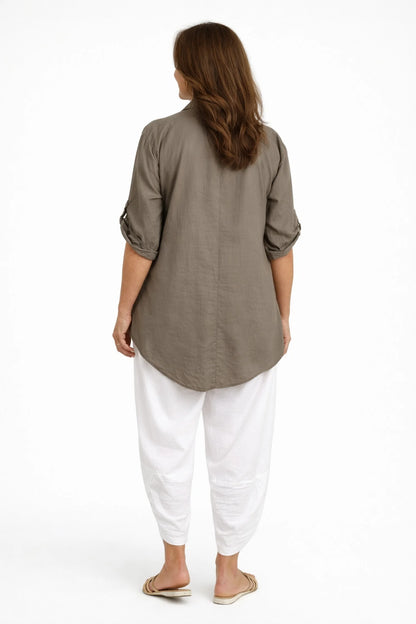 Cotton Embroidered Sequin Floral Button Sleeve Bella Lune Shirt - Mocha