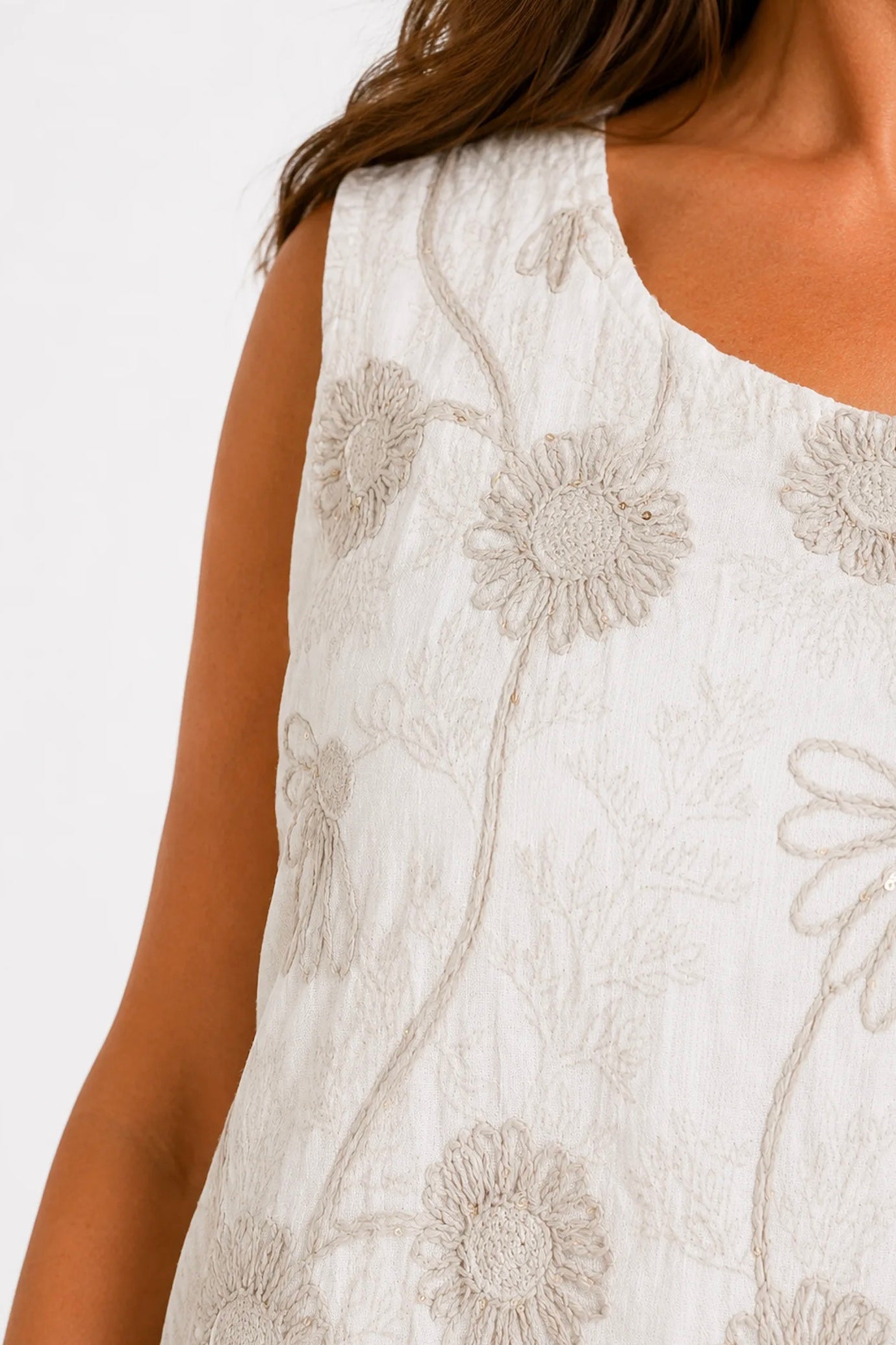 Embroidery Anglaise Floral Golden Sequin Tuscany Vest - Stone
