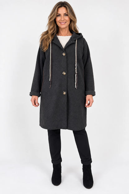 Viera Contrast Trim Double Pocket Drawstring Hooded Button Coat - Black