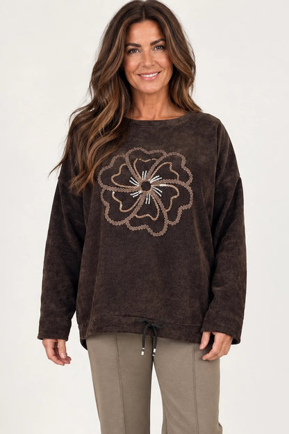 Embroidered Clover Kiki Chenille Tied Hem Top - Chocolate