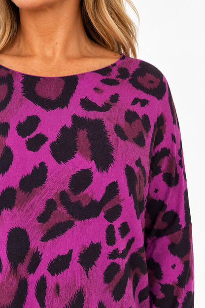 Fine Knit Carly Leopard Top - Electric Pink