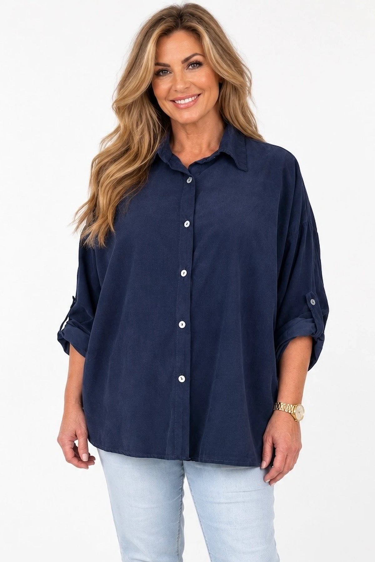 Pure Cotton Needlecord Button Sleeve Milan Button Shirt - Navy
