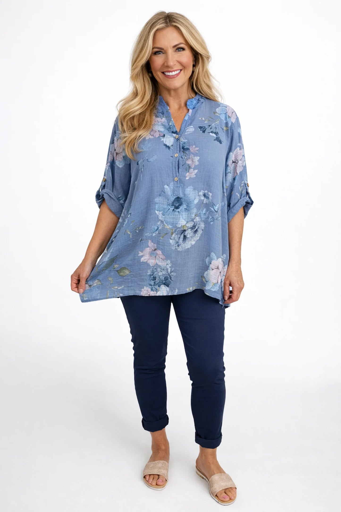 Pure Cotton Button Sleeve Julia Button Shirt - Denim