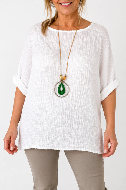 Lightweight Soft Crinkle Texture Lunae Necklace Top - White