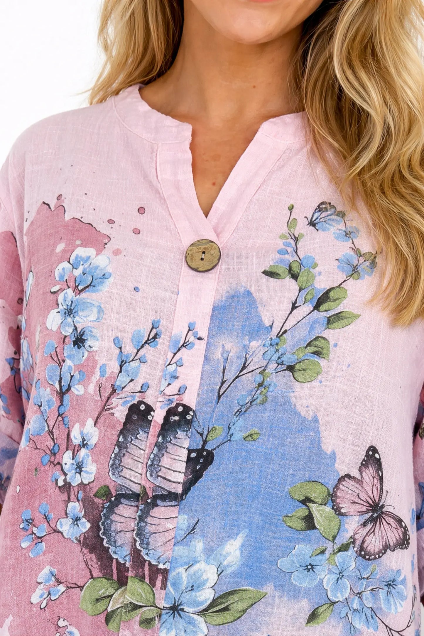 Pure Cotton Button Sleeve Button Detail Talia Shirt - Baby Pink