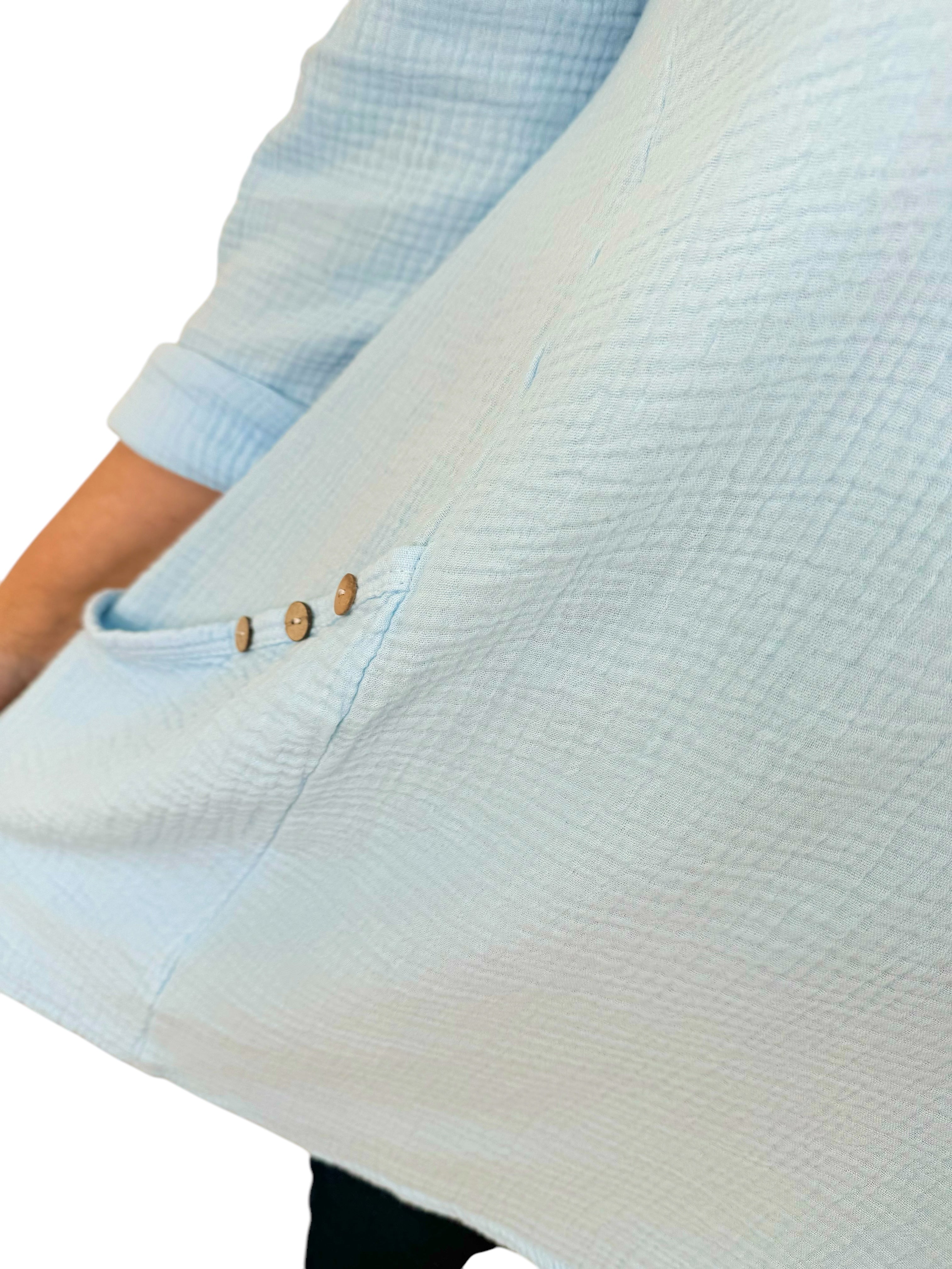 Pure Bubble Cotton Double Button Pocket Telia Necklace Top - Baby Blue