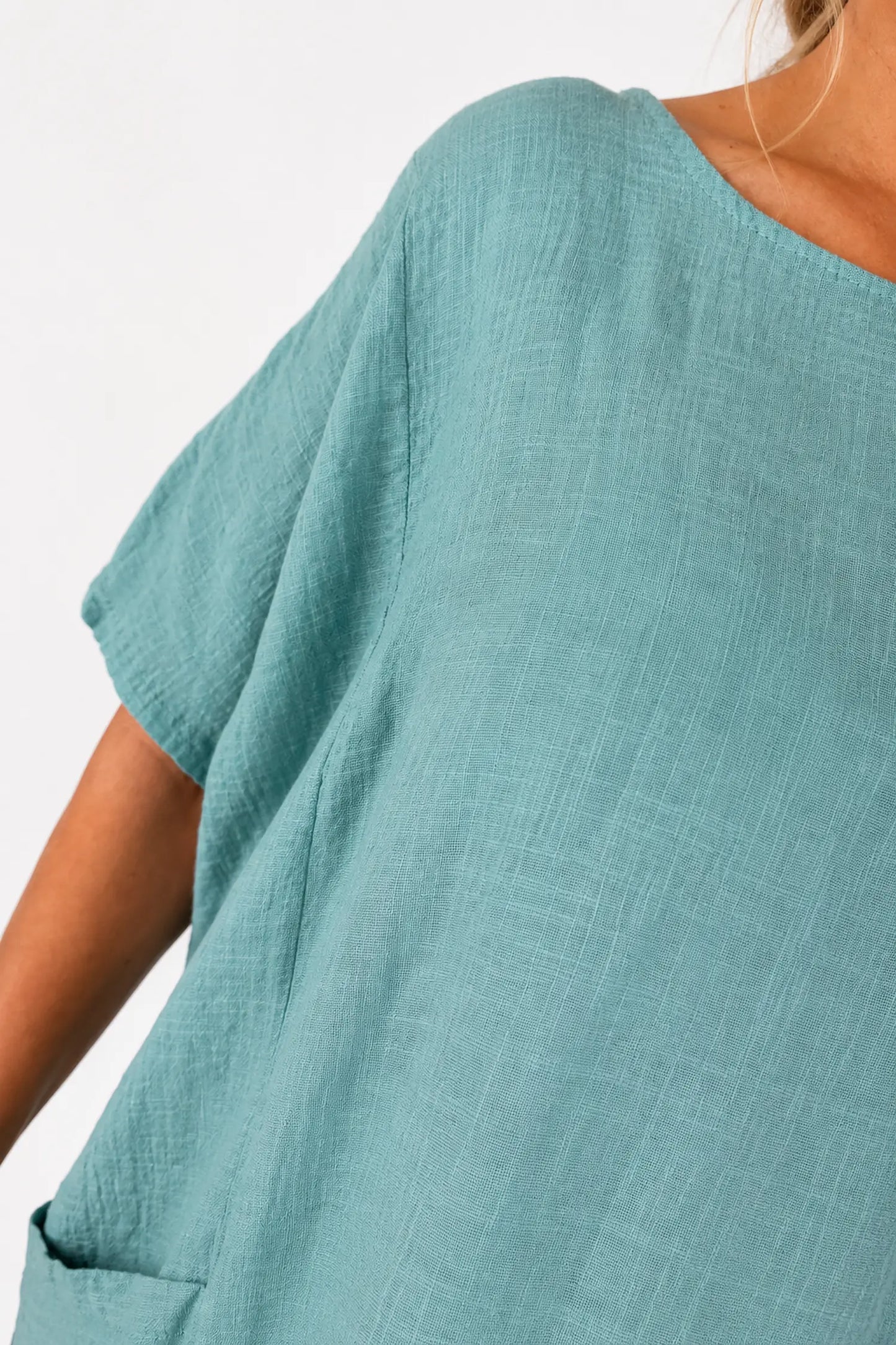 Pure Cotton Double Pocket Coté Tunic Top - Teal