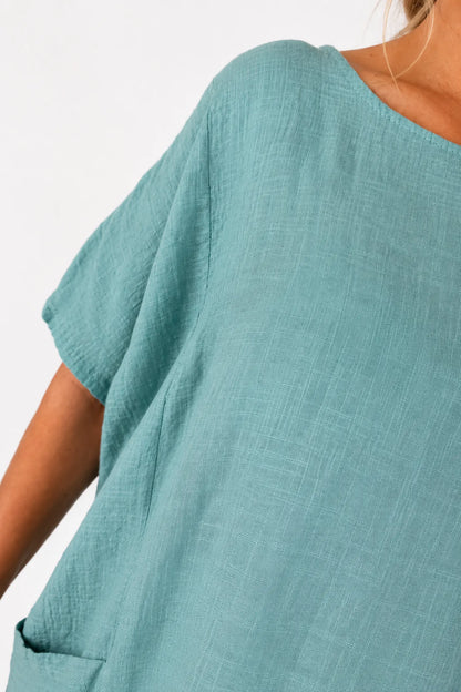 Pure Cotton Double Pocket Coté Tunic Top - Teal