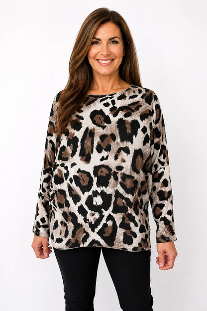 Fine Knit Carly Leopard Top - Beige