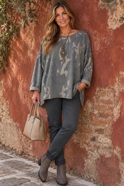 Cotton Raw Edge Hem Catia Camo Necklace Top - Dusty Grey