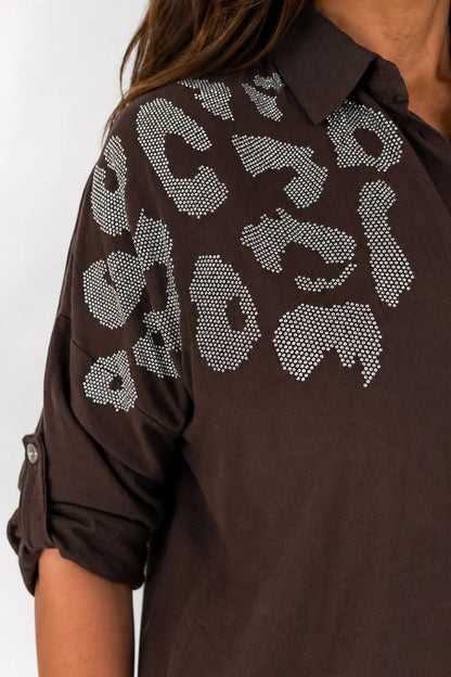 Premium Stitch Diamanté Button Sleeve Michaela Shirt - Chocolate
