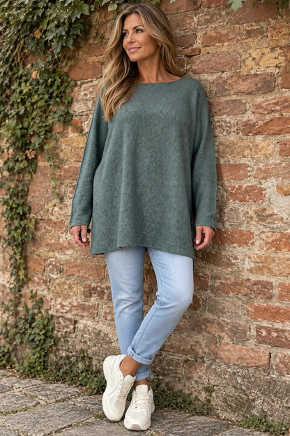 Fine Knit Seam Sleeve Tulia Top - Sage Teal