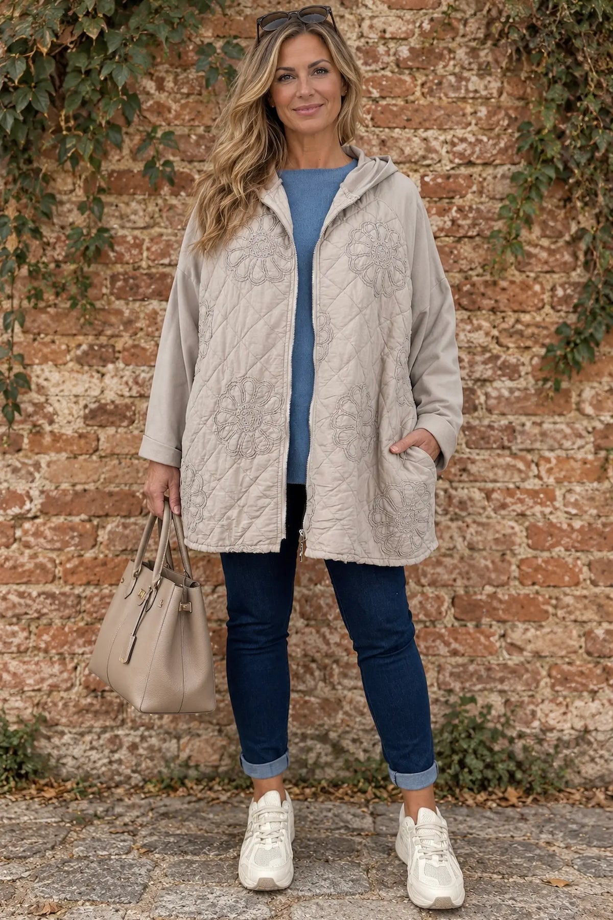 Embroidered Floral Quilted Cotton Hooded Zip Kala Coat – Beige
