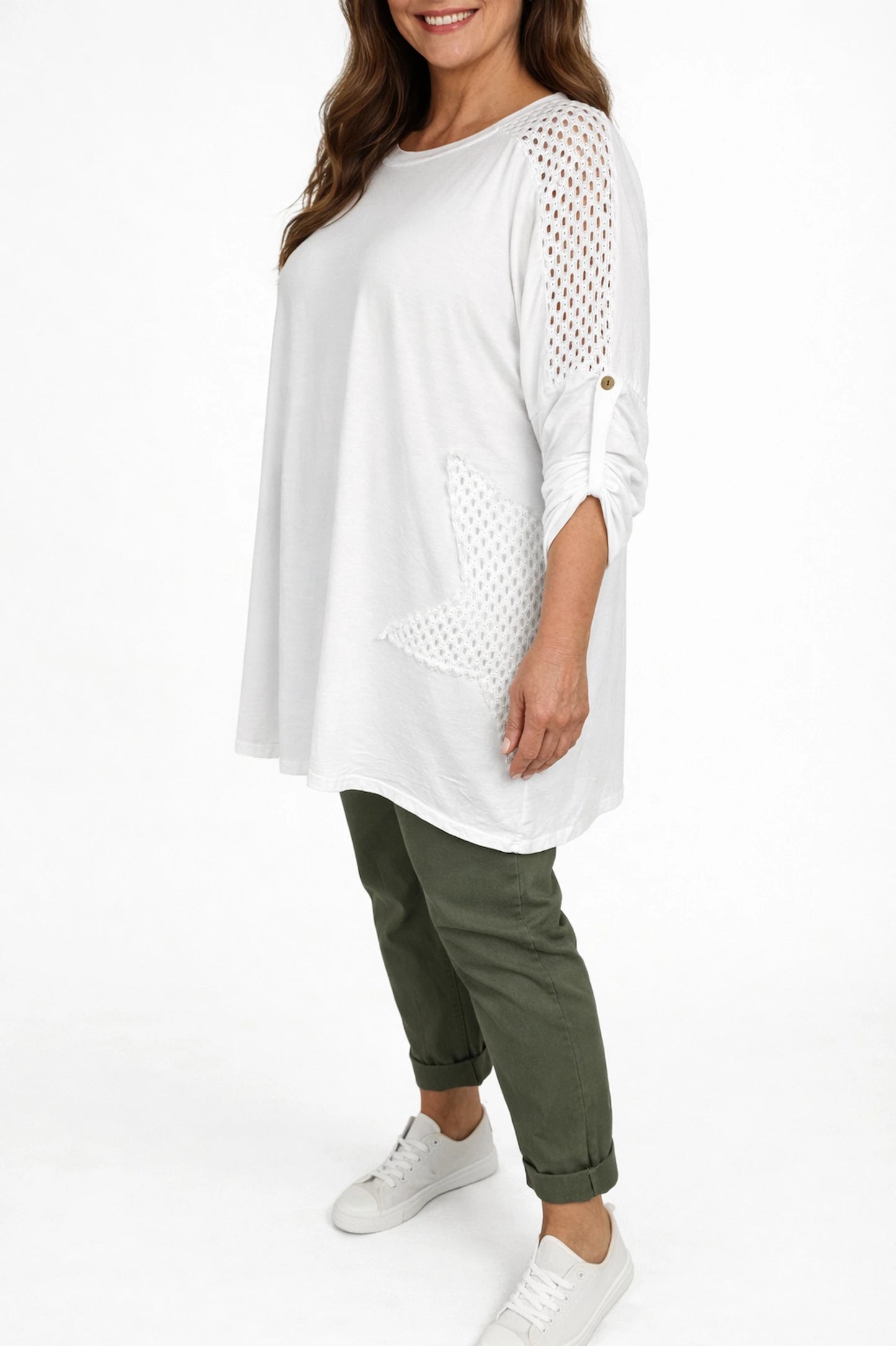 Cotton Crochet Detail Charmaine Button Sleeve Top - White