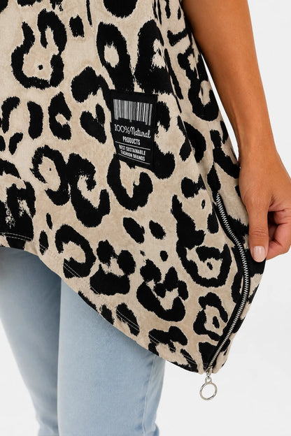 Zip Detail Scuba Leopard Zizzi Tunic Top - Beige