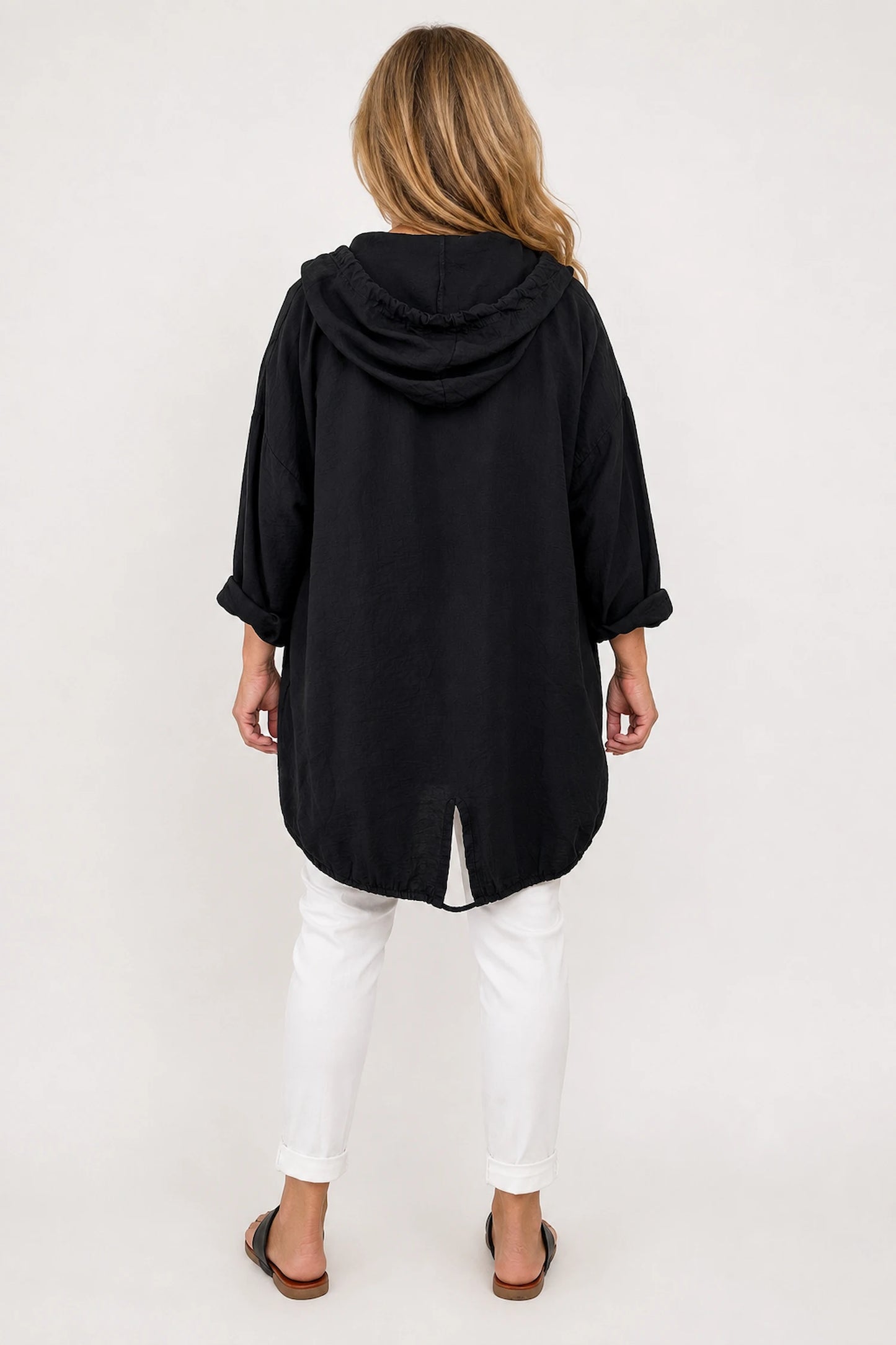 Drawstring Hem Lightweight Hooded Amirella Jacket - Black