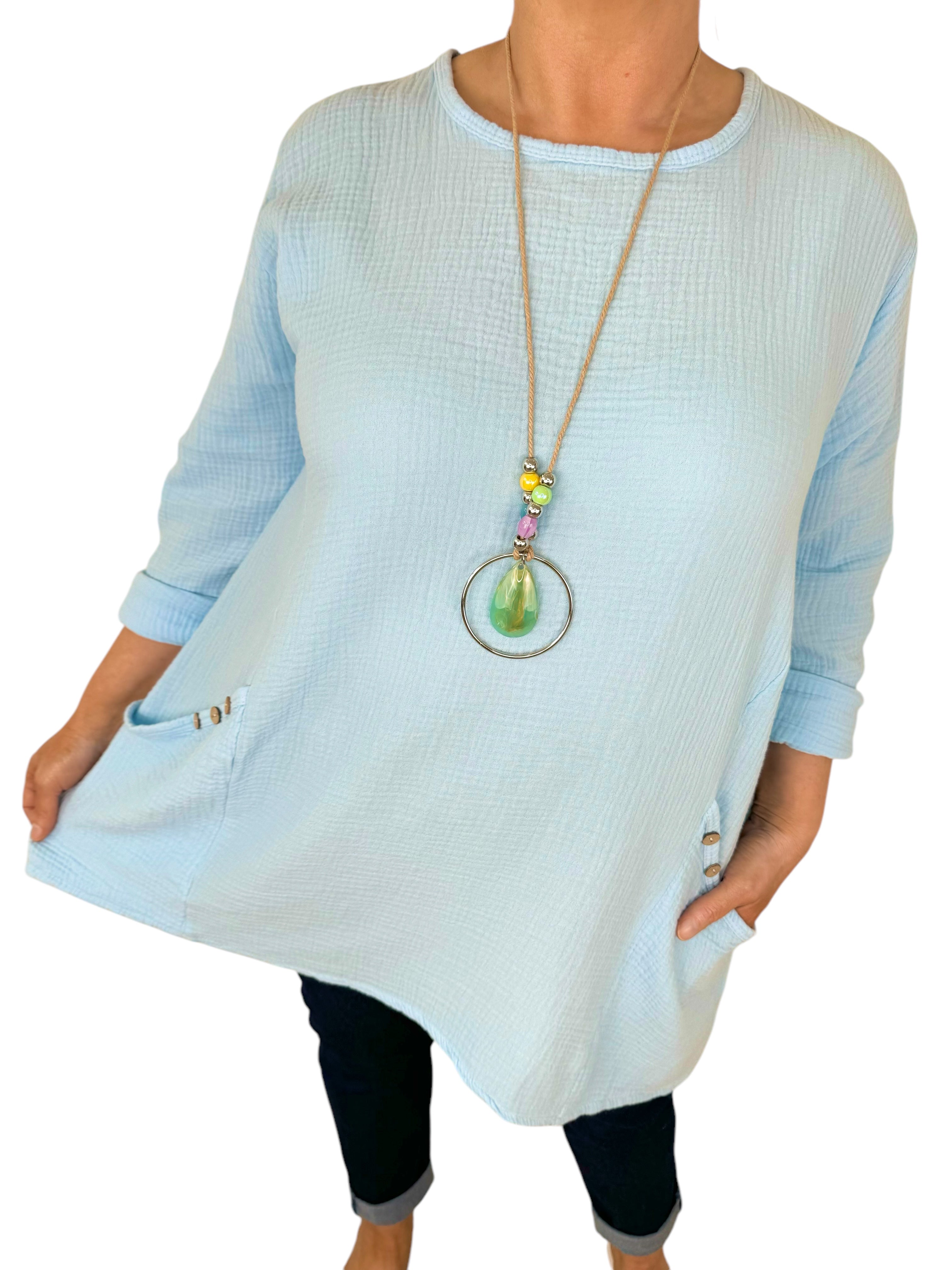 Pure Bubble Cotton Double Button Pocket Telia Necklace Top - Baby Blue