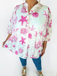 Embroidery Anglaise Crochet Berela Batwing Shirt - Lipstick Pink
