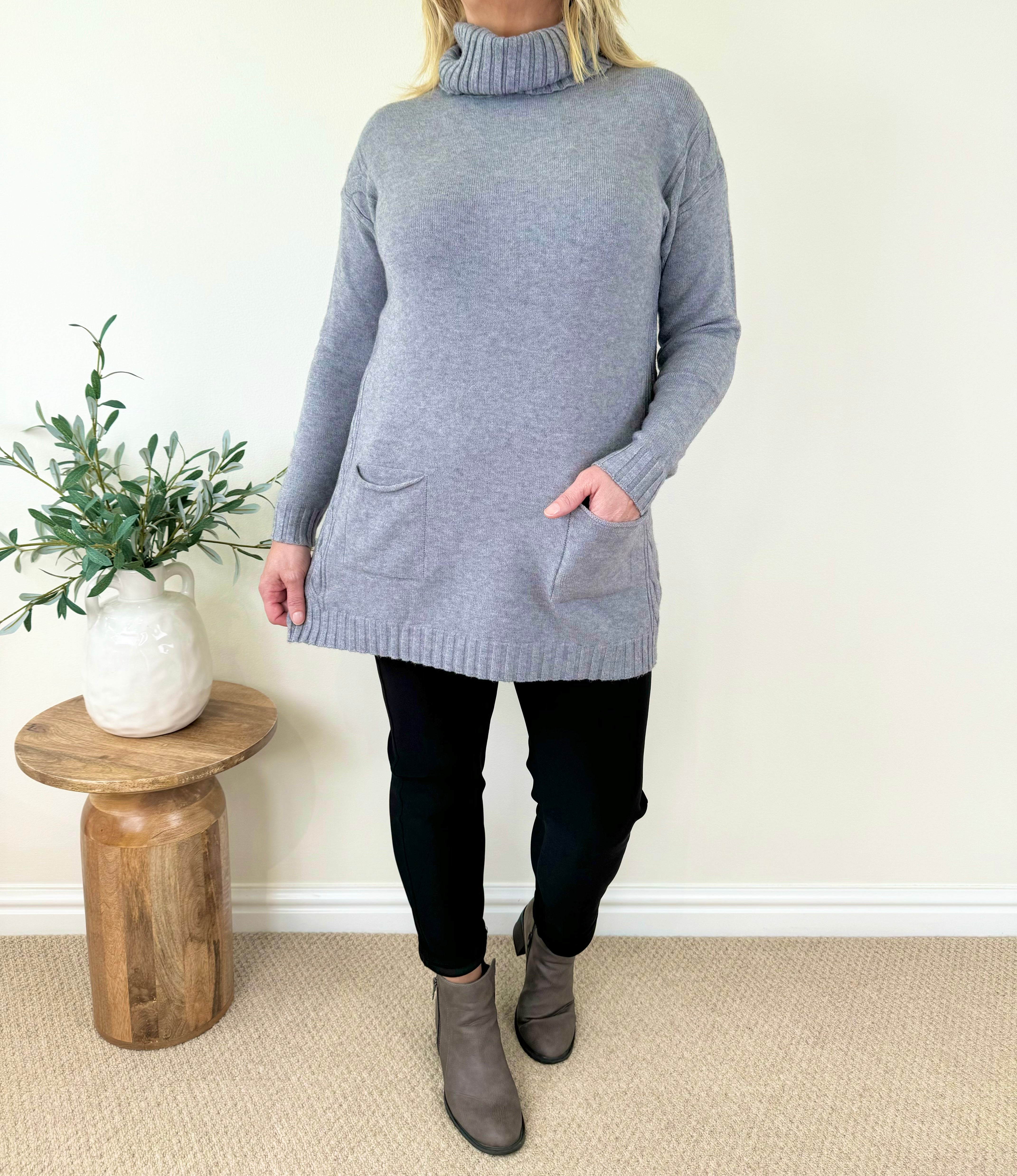 Cosy Knit Double Pocket Roll Neck Jumper