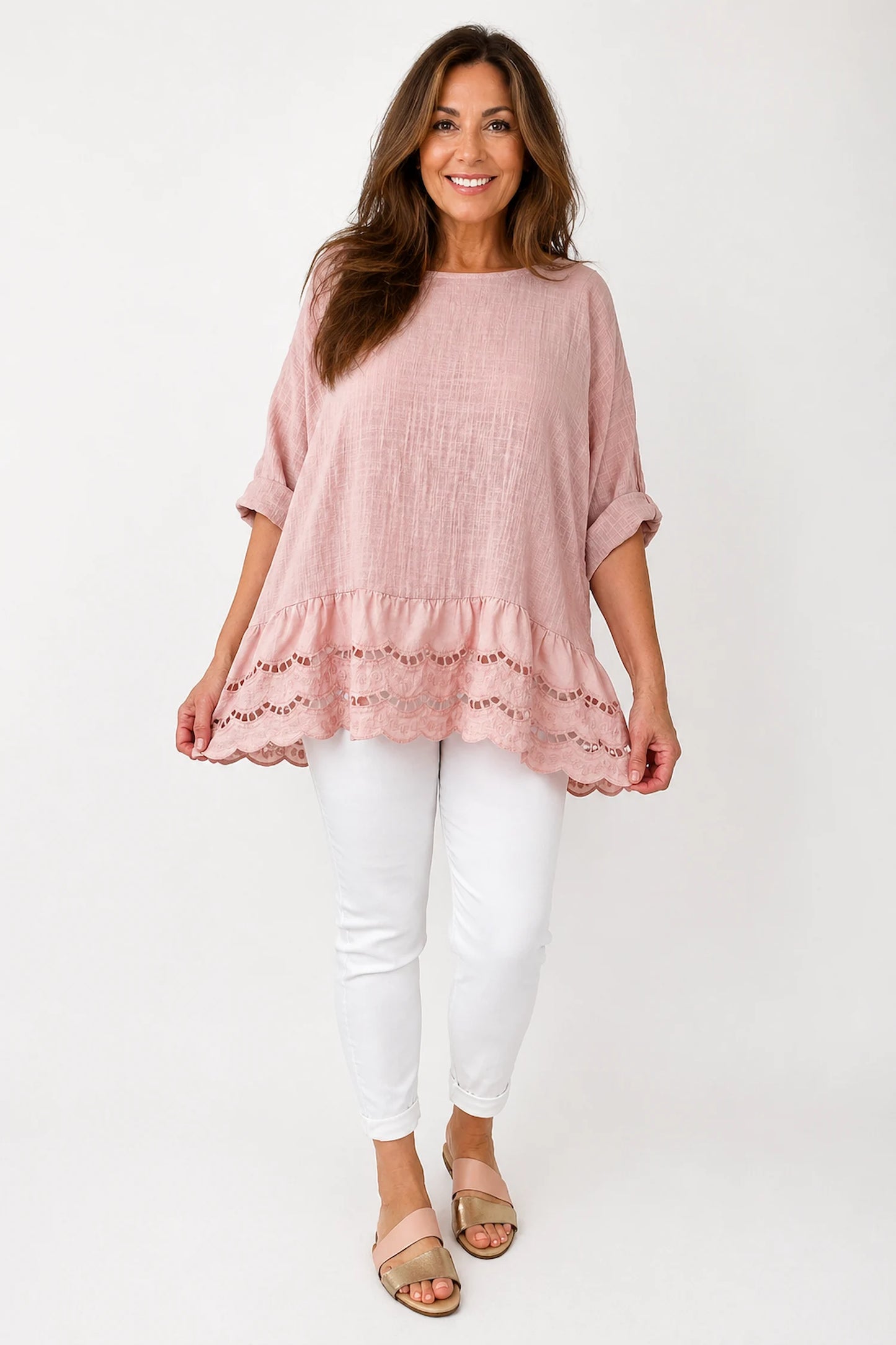 Pure Cotton Embroidery Anglaise Crochet Hem Caprina Top - Rosewood Pink