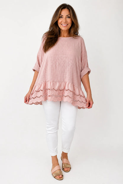 Pure Cotton Embroidery Anglaise Crochet Hem Caprina Top - Rosewood Pink