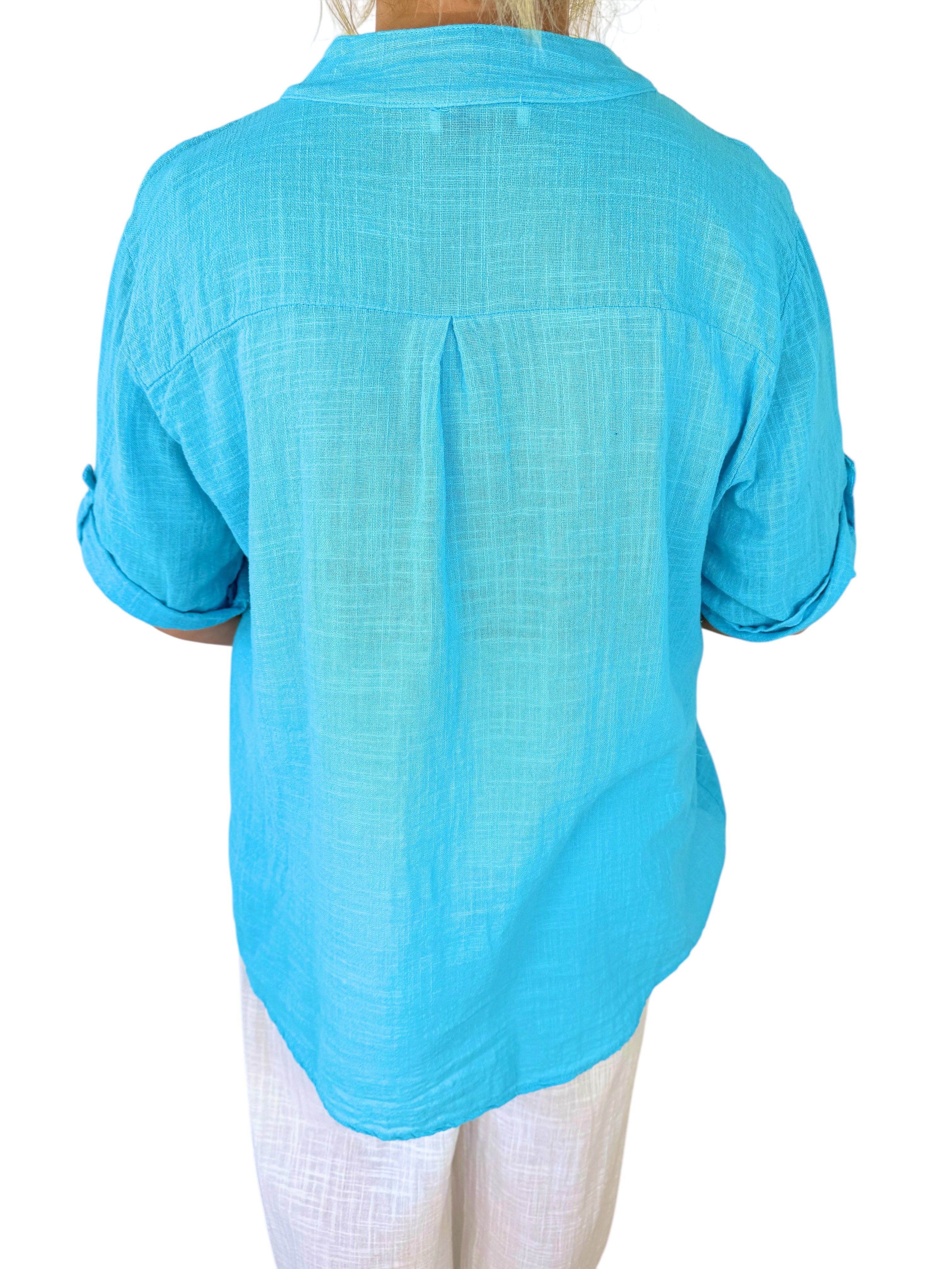 Pure Cotton Embroidery Anglaise Button Sleeve Elara Shirt - Turquoise