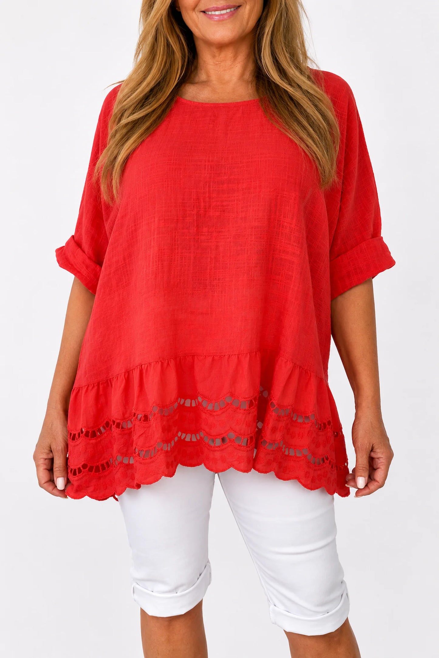 Pure Cotton Embroidery Anglaise Crochet Hem Caprina Top - Coral Red