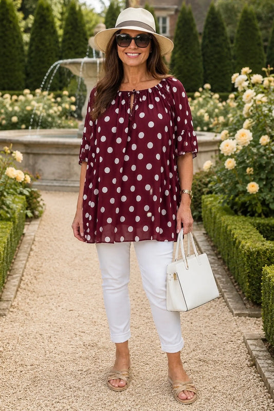 Tied Detail Fully Lined Polka Dot Elasticated Hem Francis Chiffon Top - Italia Wine