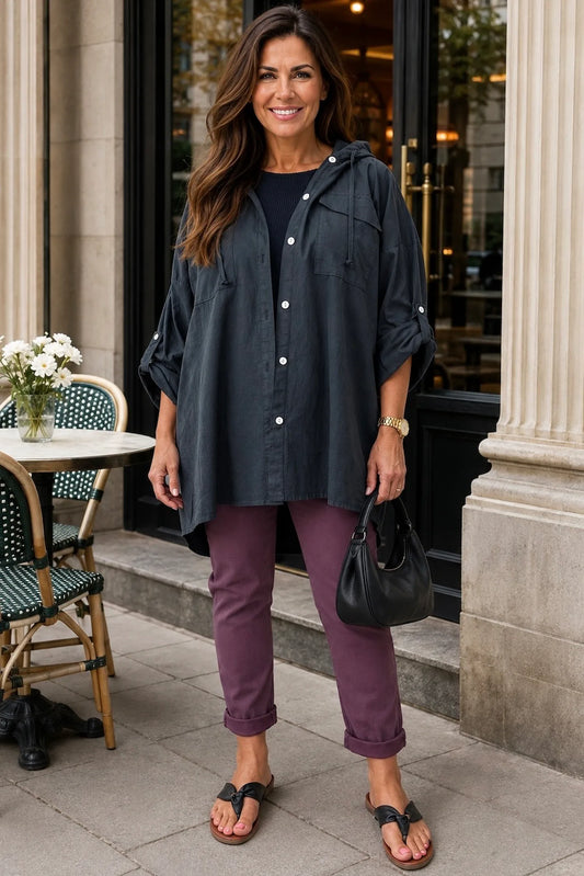Cotton Double Flap Pocket Button Sleeve Izzy Hooded Overshirt - Black