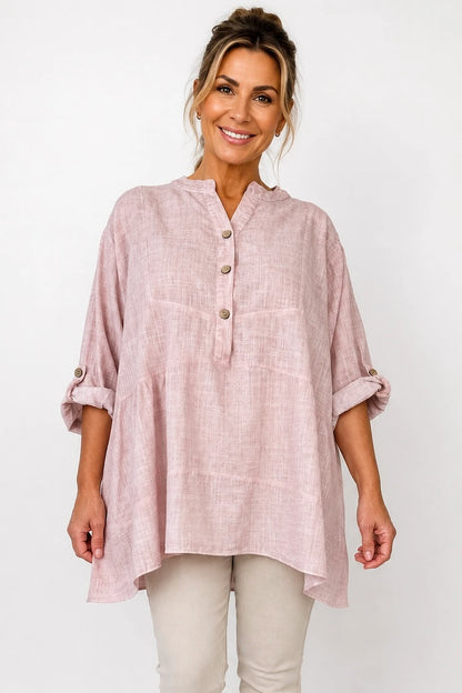 Linen Cotton Blend Button Sleeve Monica Button Shirt - Rosewood Pink
