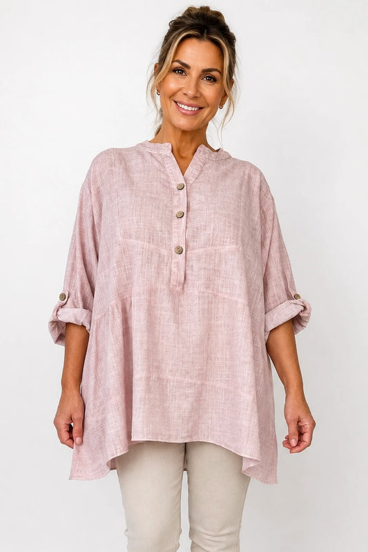 Linen Cotton Blend Button Sleeve Monica Button Shirt - Rosewood Pink