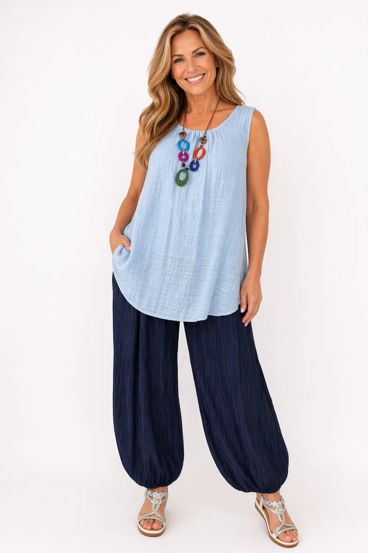 Double Pocket Crinkle Texture Azuria Harem Pant - Navy