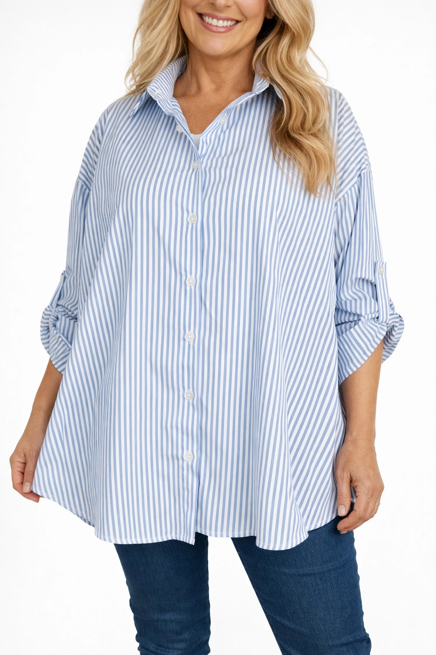 Cotton Button Sleeve Marnie Stripe Button Shirt - Light Denim