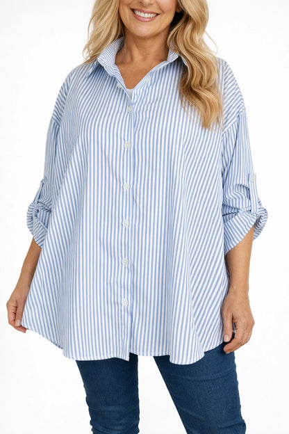 Cotton Button Sleeve Marnie Stripe Button Shirt - Light Denim