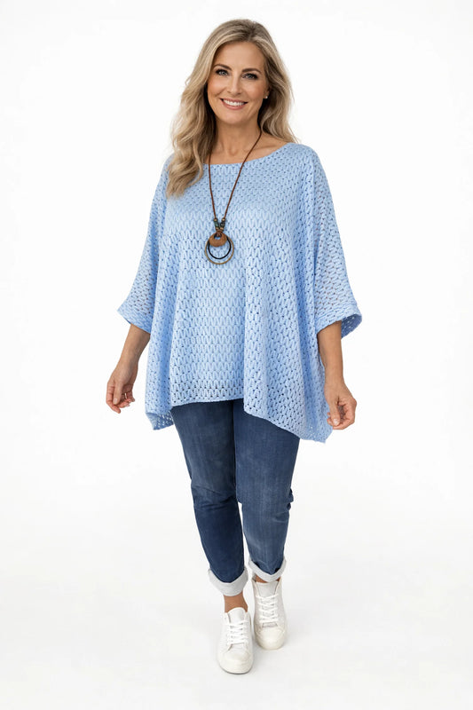 Fully Lined Marcella Batwing Crochet Necklace Top - Baby Blue