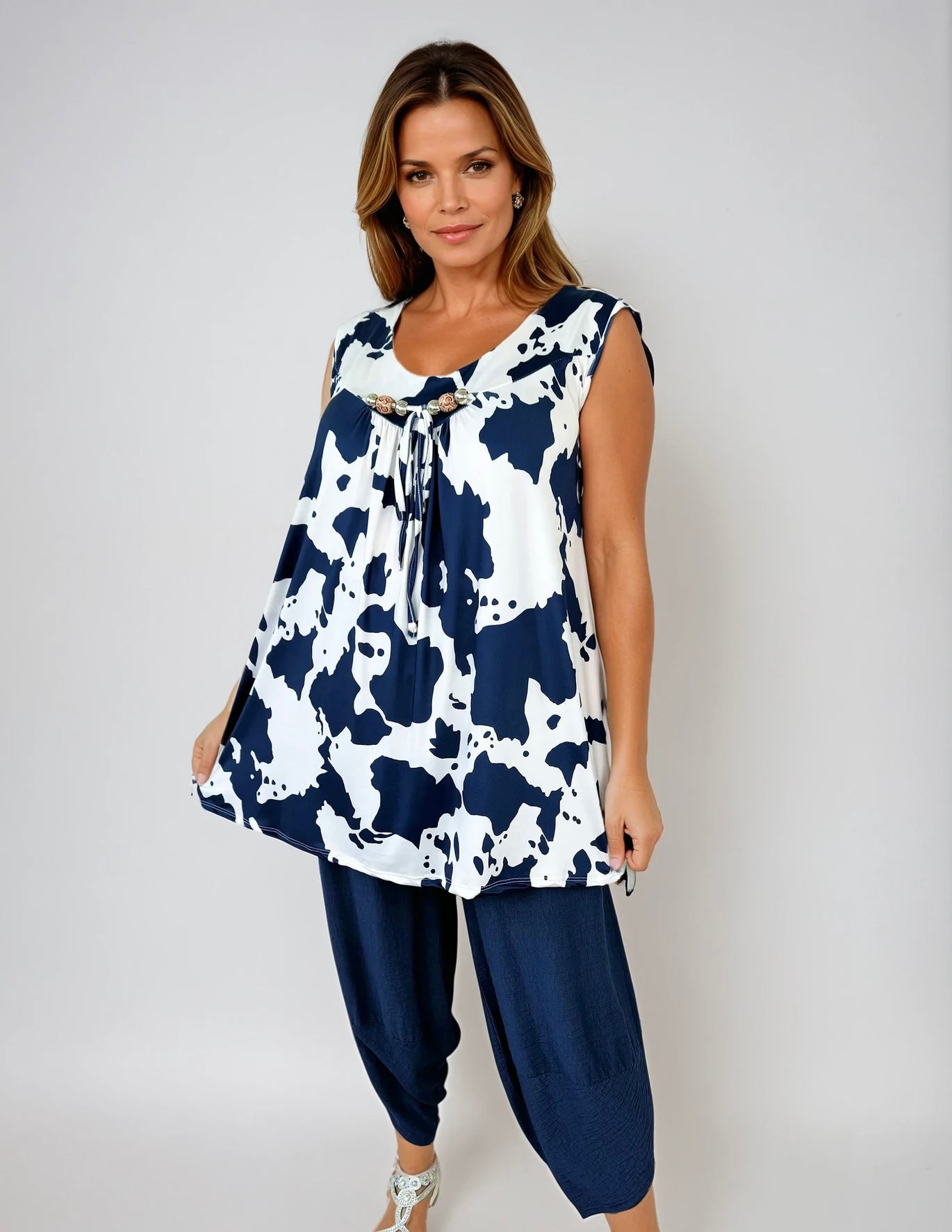 Super Stretch Tied Detail Cow Print Vest - Navy