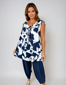 Super Stretch Tied Detail Cow Print Vest - Navy