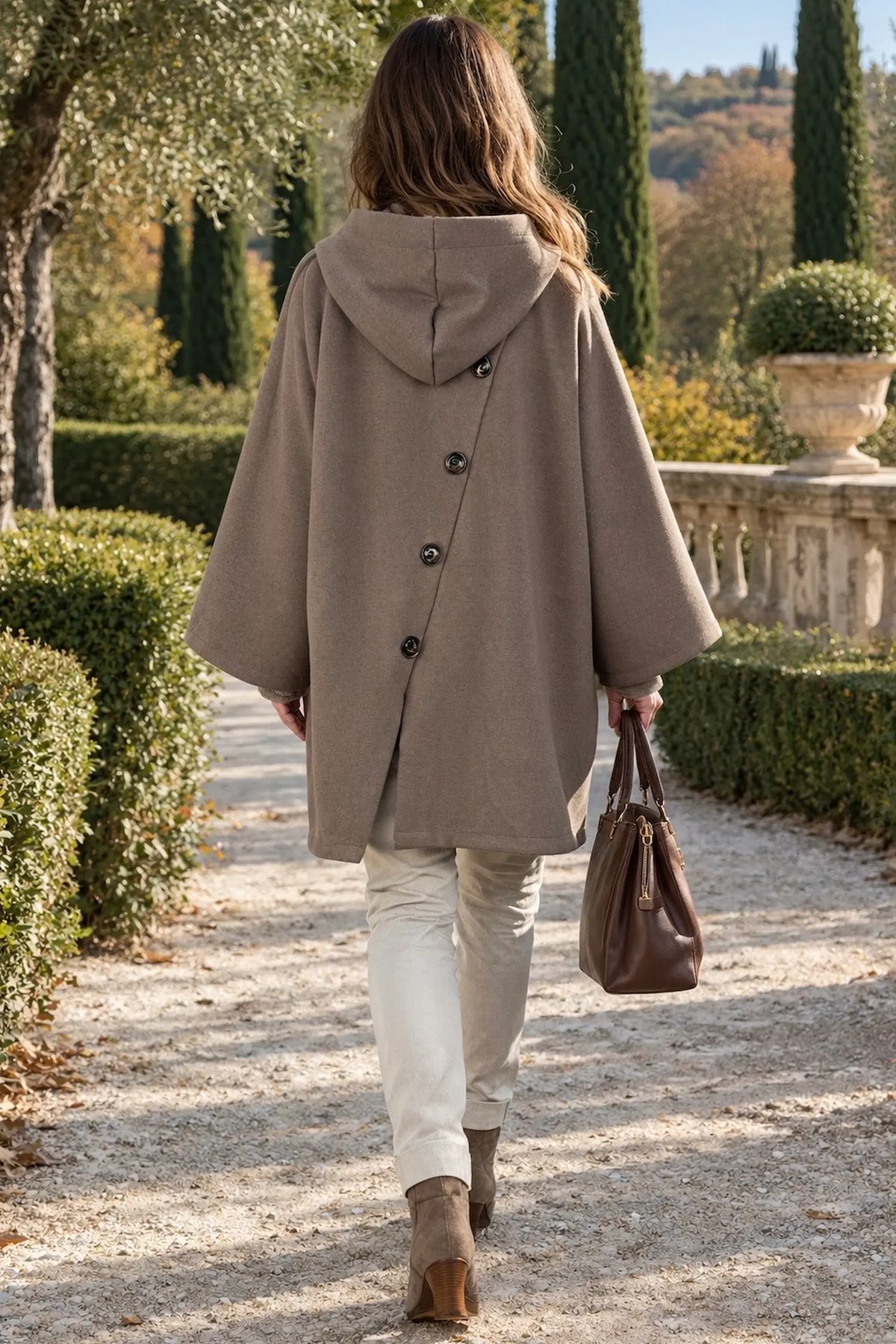 Double Button Pocket Zipped Button Back Sophia Hooded Coat - Mocha