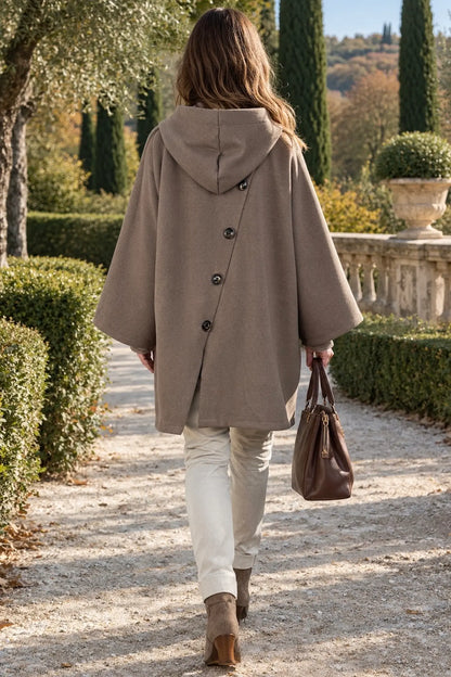 Double Button Pocket Zipped Button Back Sophia Hooded Coat - Mocha